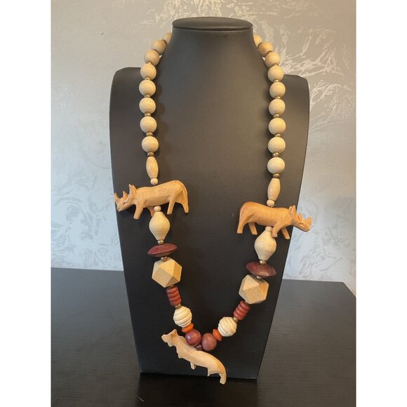 Fetish Wooden Bead Necklace With Animal Carvings Natural Look Unique Artisan - Picture 1 of 6